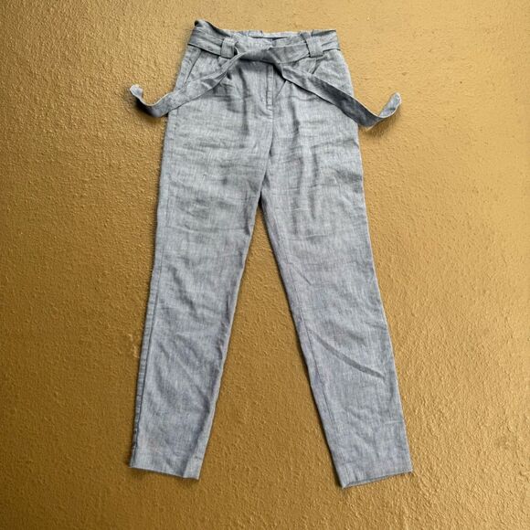 EXPRESS Linen Blend Ankle High Rise Paperbag Waist Pant Sz 0L Blue Career - Picture 1 of 11